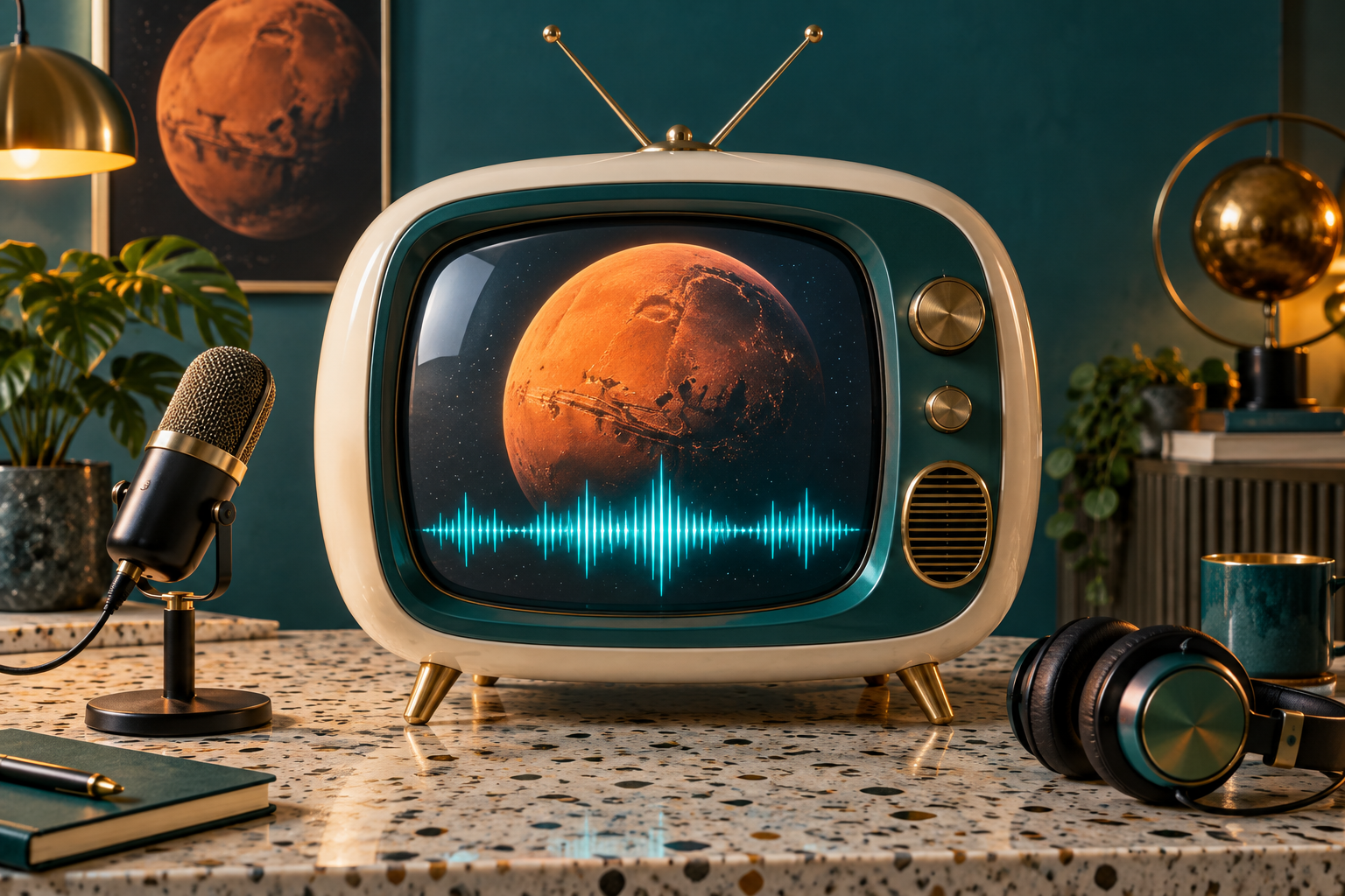 Una TV vintage moderna con Marte e una traccia audio sullo schermo, accanto a un microfono